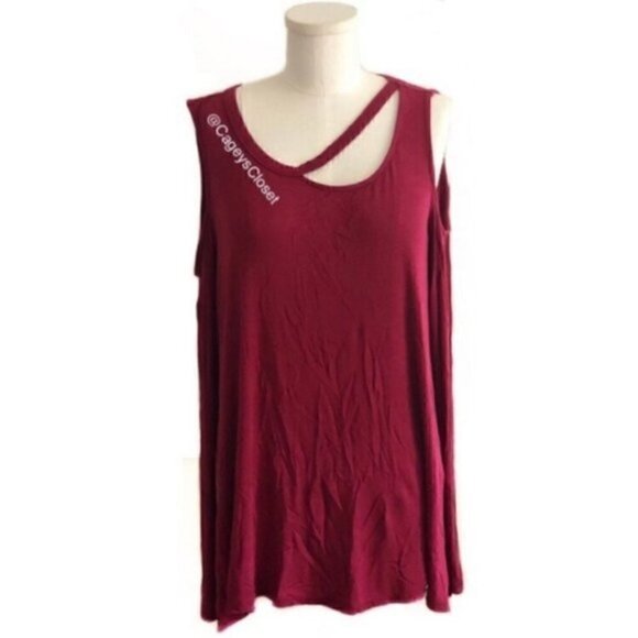 143 Story Top Medium Cold Shoulder Long Sleeve Deconstructed Maroon Distressed - Picture 7 of 9